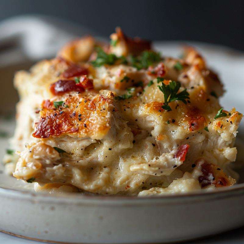A close-up shot of a portion of low carb chicken casserole on a light grey plate.