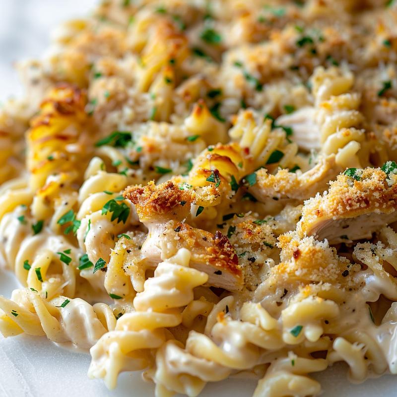 Close-up of creamy Tuscan chicken pasta bake topped with garlic parmesan on a white marble surface.