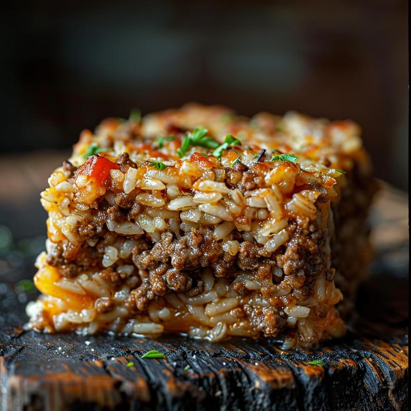 Close-up of a delicious ground beef and rice casserole on a rustic wooden table.