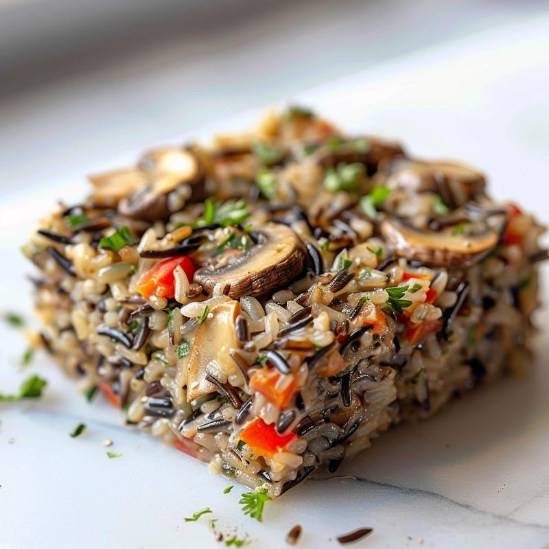 A close-up view of a portion of wild rice and mushroom casserole on a white marble surface, showcasing its rich textures and colors.