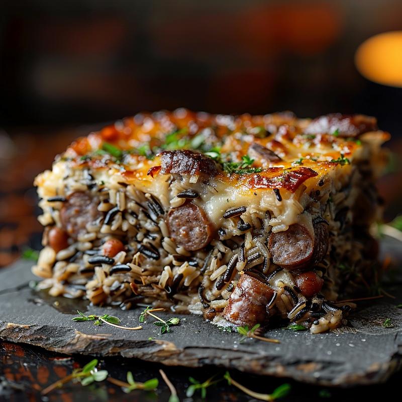 Close-up of beef sausage and wild rice casserole on a rustic plate with dramatic lighting.