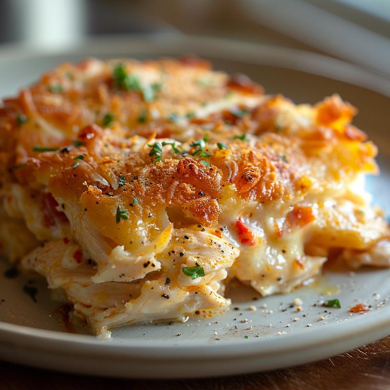 Close-up view of a delicious chicken casserole on a light grey ceramic plate, showcasing texture and layers.
