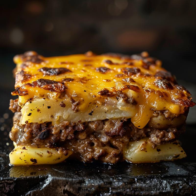 A close-up shot of cheesy hamburger potato casserole with a golden crust on a dark stone countertop.