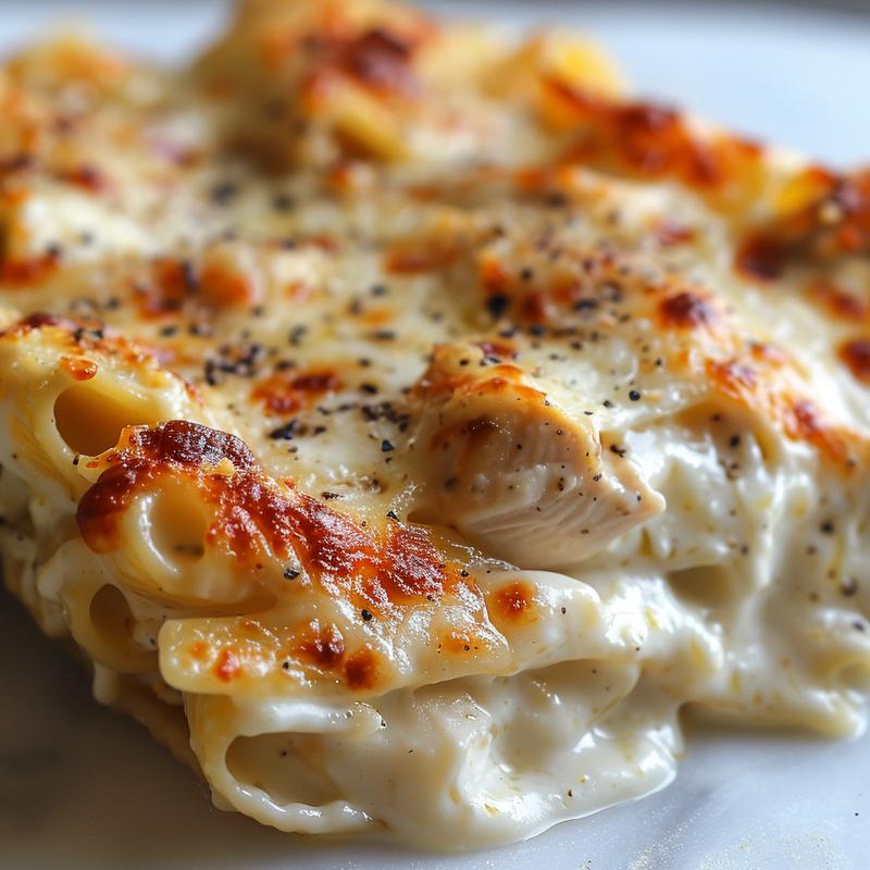 Close-up of baked chicken alfredo pasta, creamy sauce, and cheese on a marble surface.