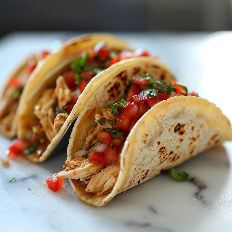 A close-up of a delicious portion of crockpot chicken tacos on a white marble surface.