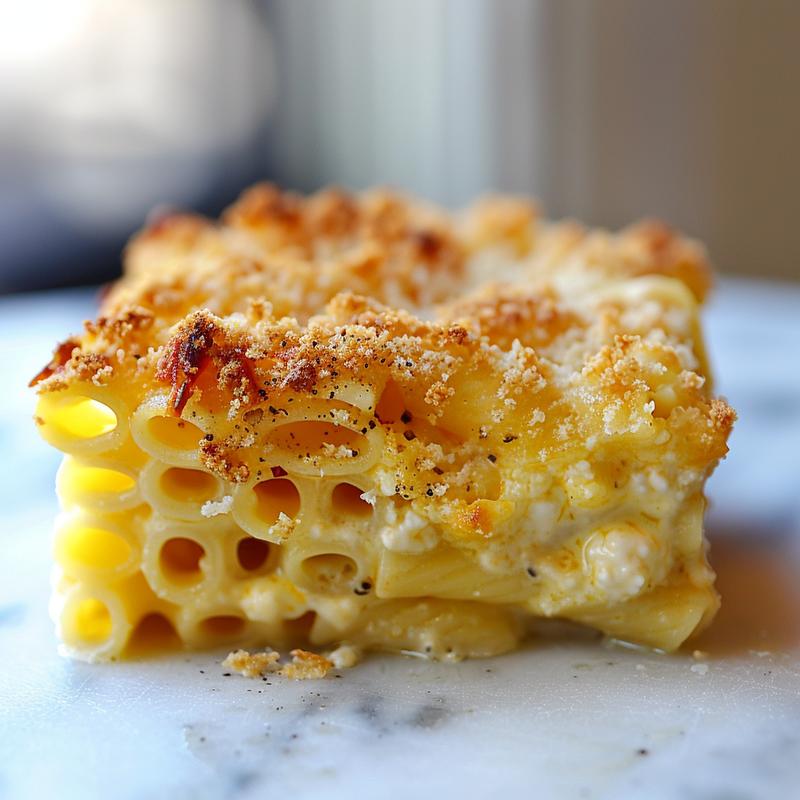 Close-up of a creamy cottage cheese pasta bake on a marble surface.