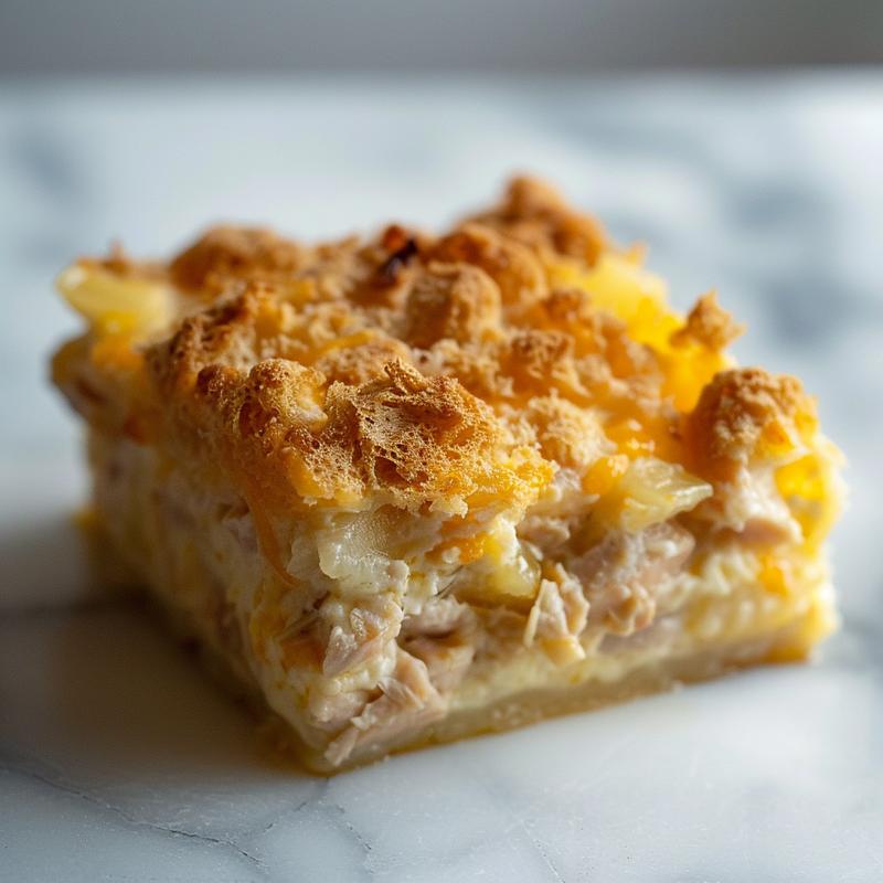 Close-up of a creamy cheesy broccoli rice casserole on a wooden board.