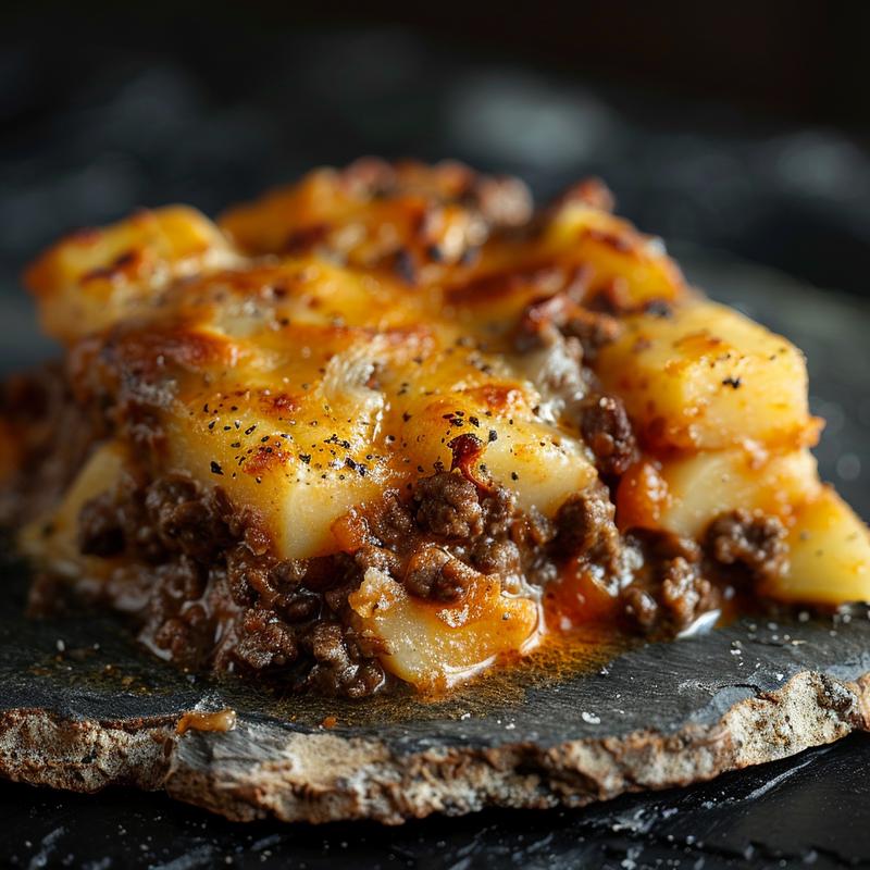 A close-up of a creamy dairy-free ground beef casserole served on a rustic slate plate.