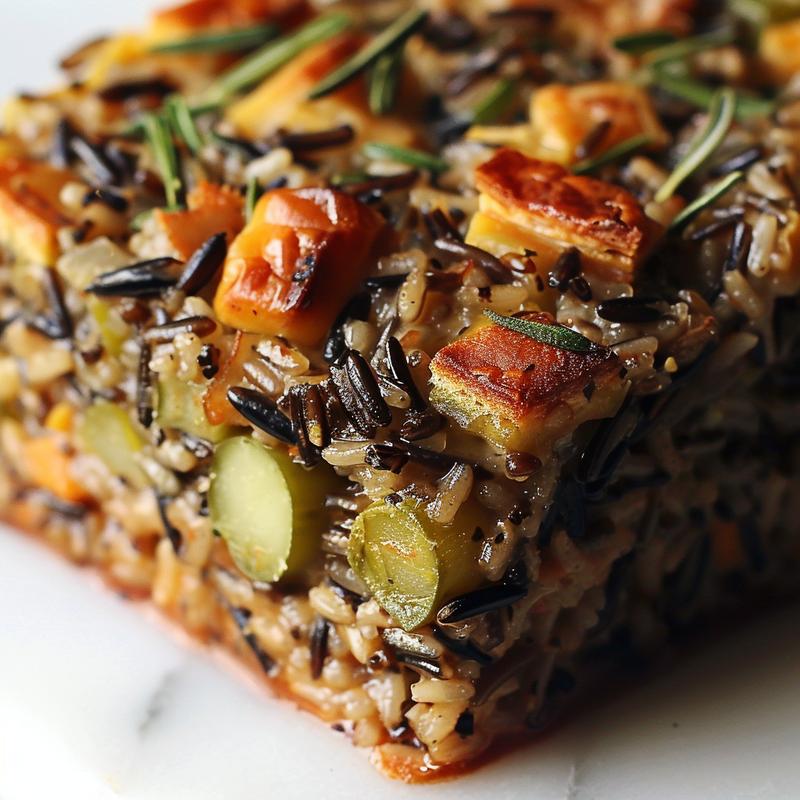 A close-up of a steaming portion of wild rice casserole with visible grains and colorful vegetables.
