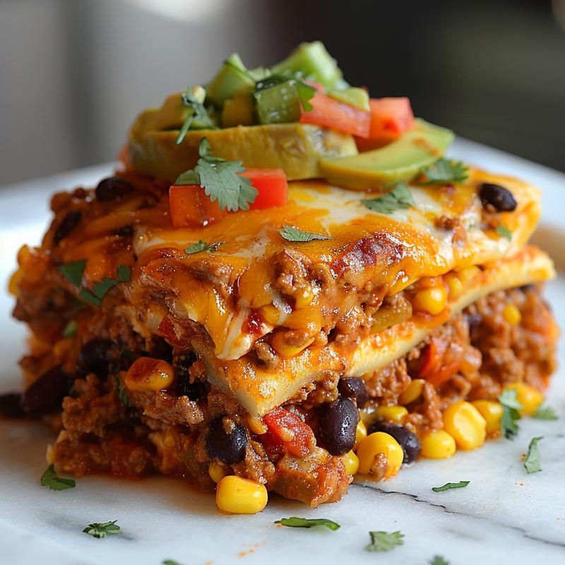 Close-up view of a cheesy Mexican casserole served in a minimalist setting.