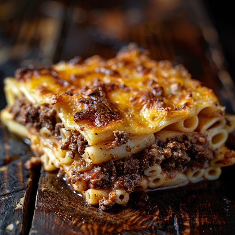 Close-up of a ground beef and pasta casserole, showcasing rich textures and golden-brown edges.