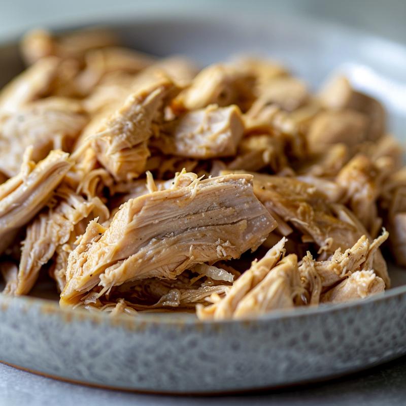 Close-up of tender, shredded chicken served on a light grey ceramic plate.