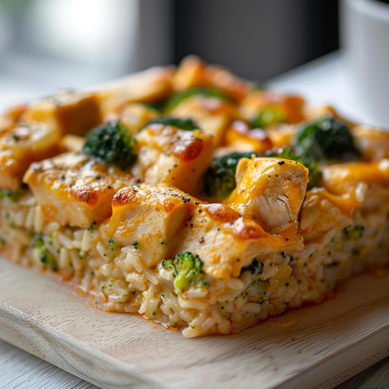 Close-up of a portion of skinny cheesy chicken and broccoli rice casserole on a wooden board, showcasing its creamy texture.