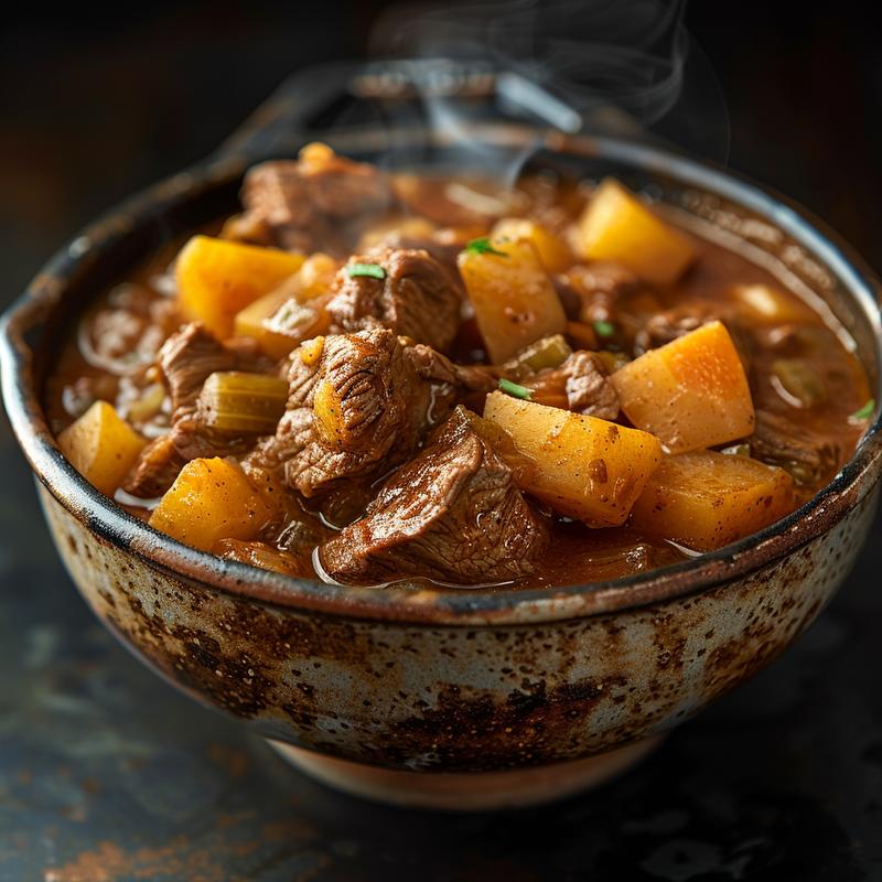 Close-up of a steaming bowl of beef stew in a rustic setting.