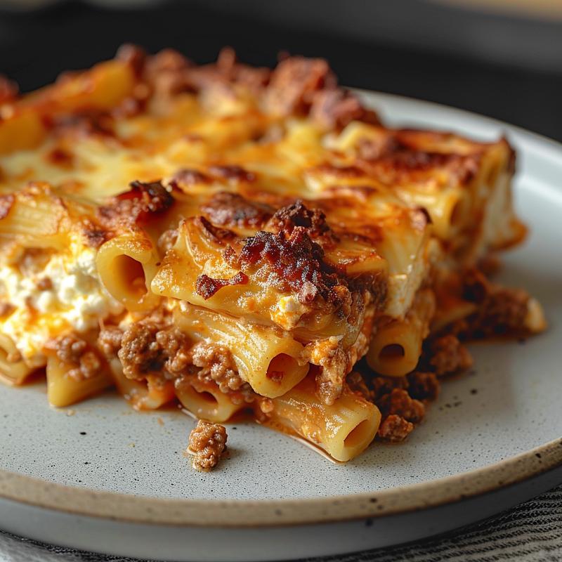 Close-up of a creamy ricotta pasta bake on a light grey ceramic plate.