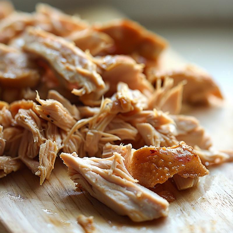 Close-up of juicy shredded chicken on a natural wood board with soft shadows.