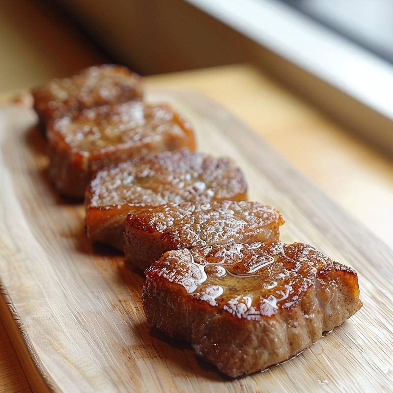 Close-up of a beautifully arranged portion of gourmet dinner on a wooden board, showcasing vibrant colors and textures.