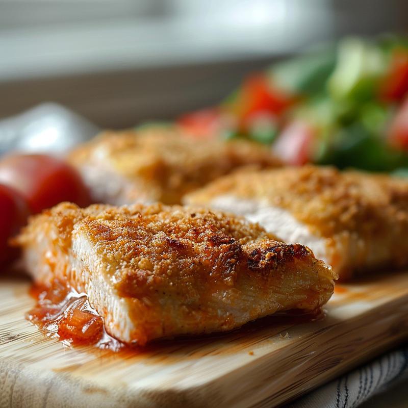 Close-up view of a keto chicken mushroom casserole on a light wood board.