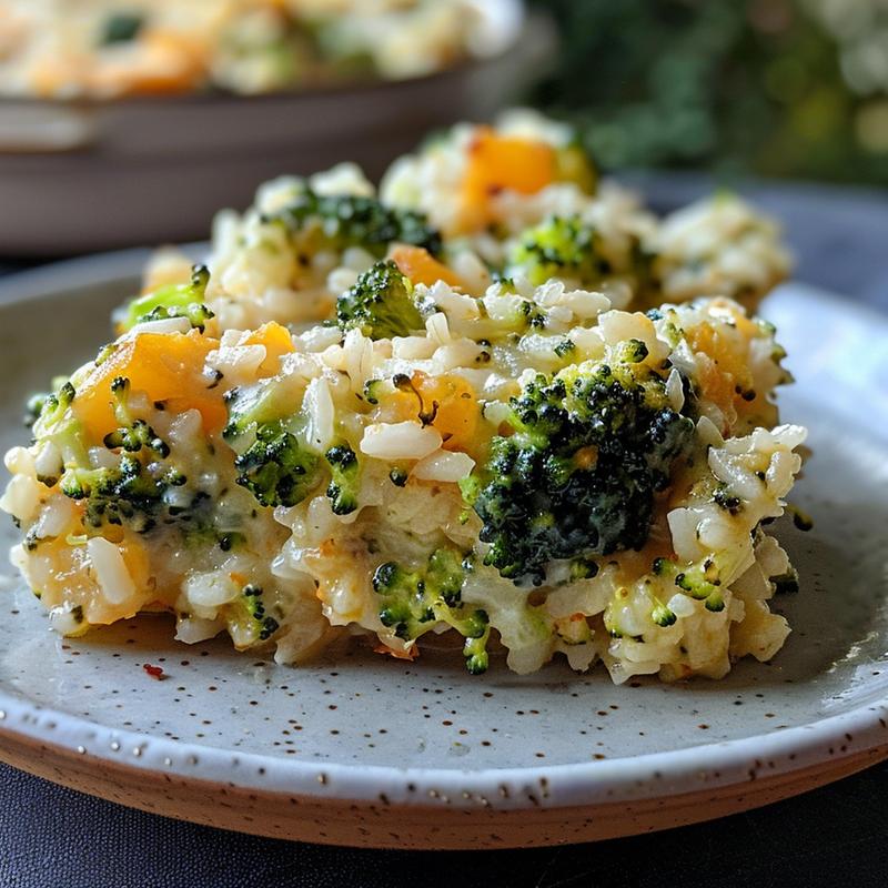 Close-up view of broccoli rice casserole on a light grey plate with soft shadows.