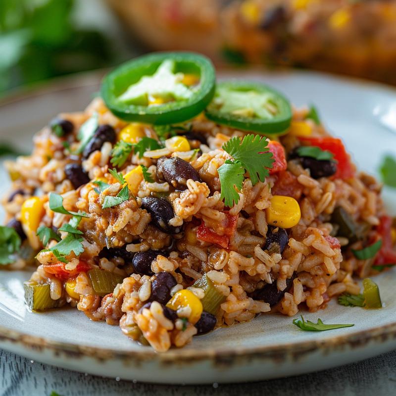 Close-up of a serving of Mexican rice casserole on a light grey plate.