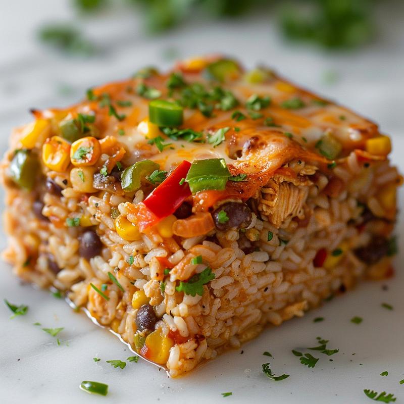 Close-up of a portion of Mexican chicken and rice casserole on a white marble surface.
