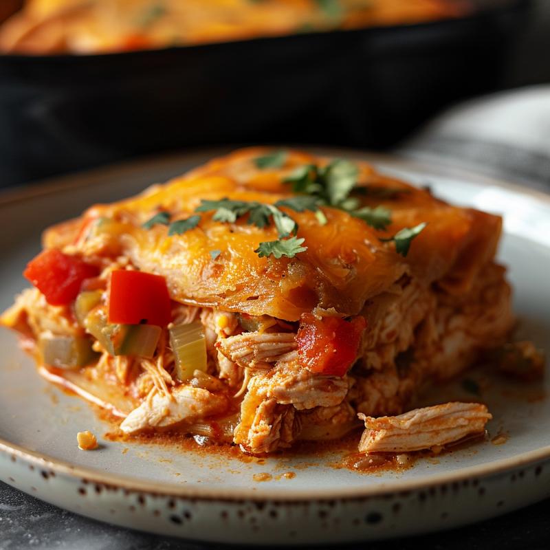 A close-up view of a chicken tamale casserole served on a light grey ceramic plate.