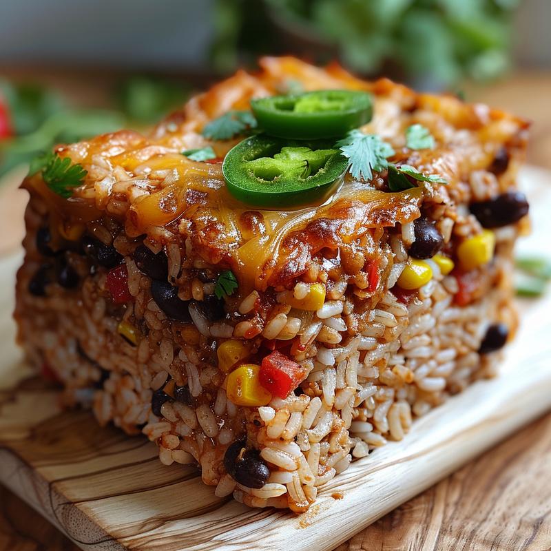 Close-up view of a colorful vegetarian Mexican rice casserole served on a light wood board.