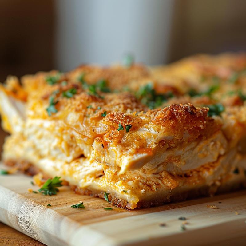 Close-up view of a portion of million dollar chicken casserole on a wooden board.