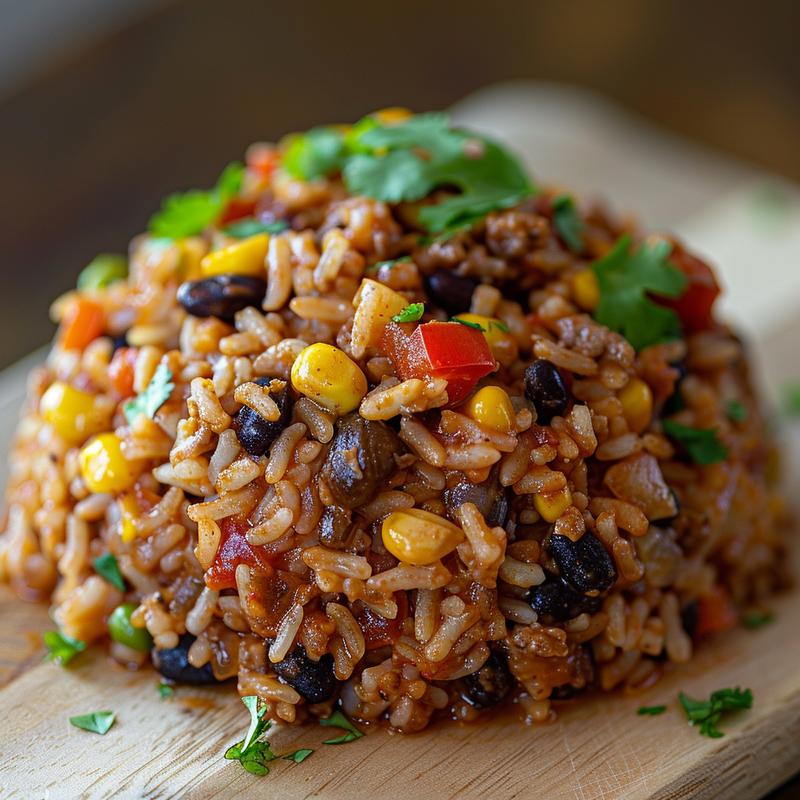 Close-up of a colorful portion of Mexican rice casserole on a wooden board.