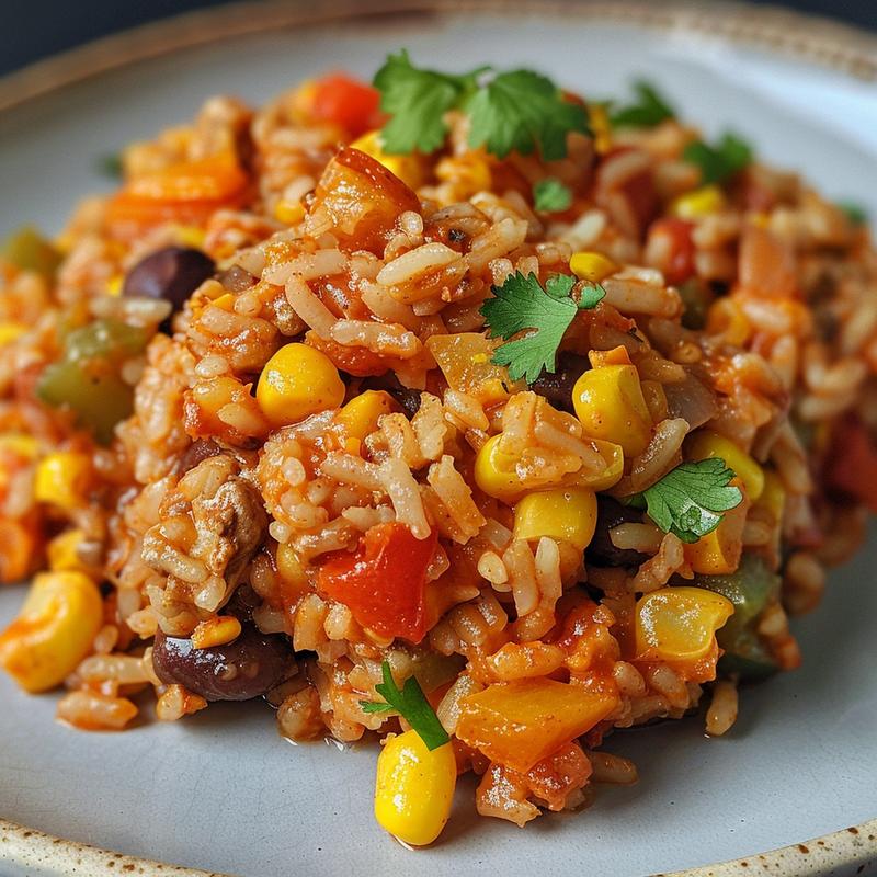 A close-up of a delicious Mexican rice casserole served on a light grey ceramic plate with a textured surface.