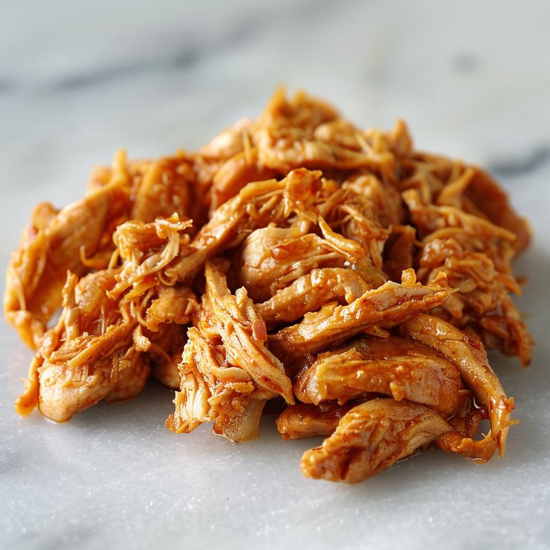 Close-up of succulent Mexican shredded chicken on a marble surface, showcasing its texture.