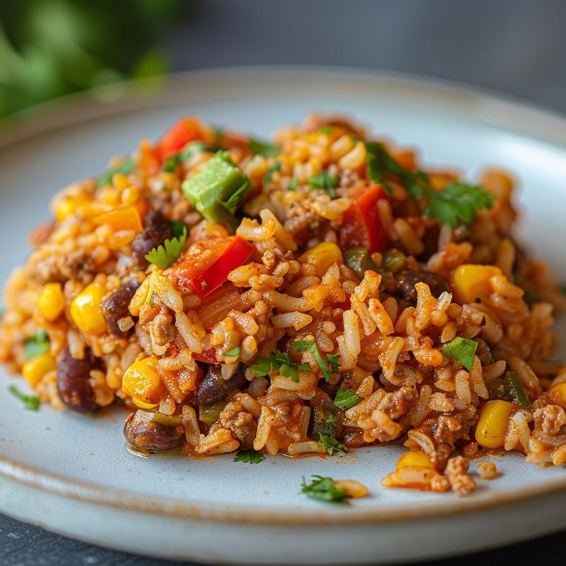 A close-up view of a serving of Tex Mex rice casserole on a light grey plate.