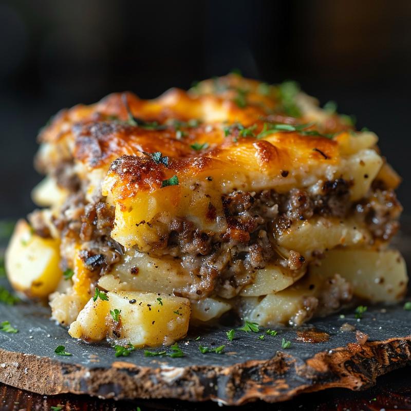 Close-up of a portion of hamburger and potato casserole on a rustic slate plate, highlighting its texture and richness.