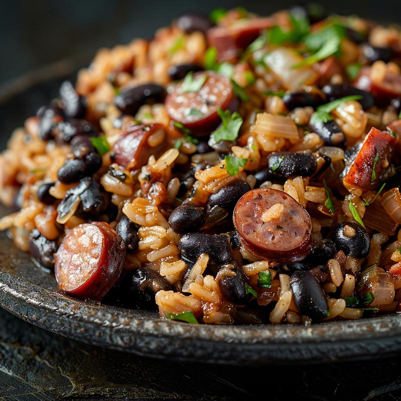 Close-up of a portion of black beans and rice topped with sausage on a dark stone surface.