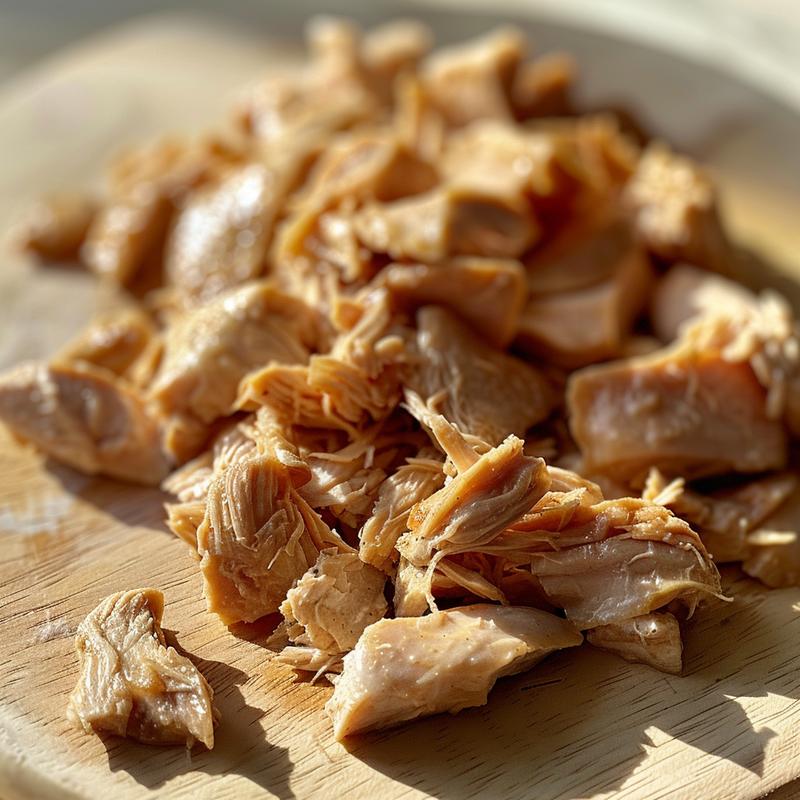 Close-up shot of tender shredded chicken on a wooden board, highlighted by natural light.
