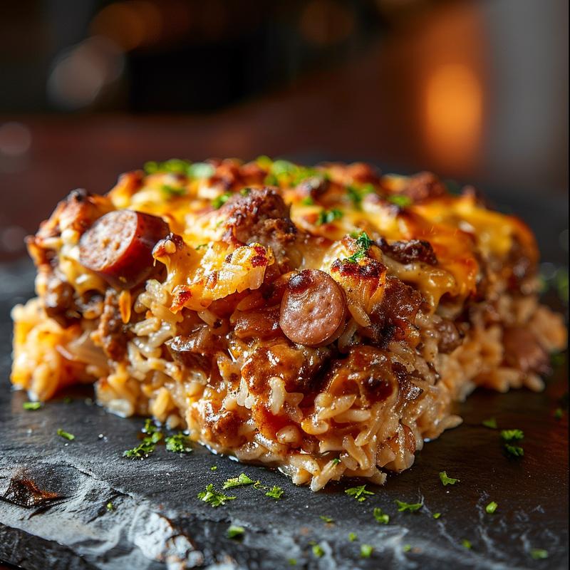 Close-up of a cheesy rice bake topped with loaded Cajun chicken sausage on a dark stone countertop.