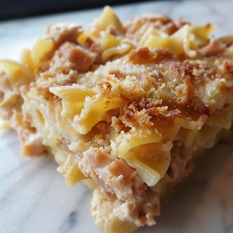 Close-up view of a creamy tuna noodle casserole on a white marble surface.