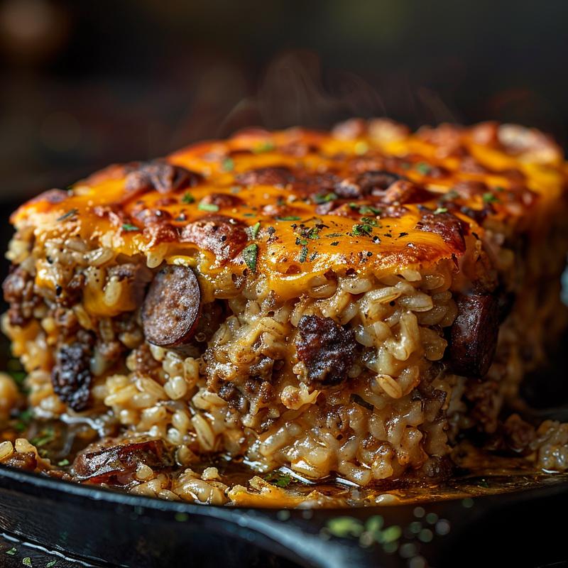 Close-up of a cheesy sausage and rice casserole served on a cast iron surface.