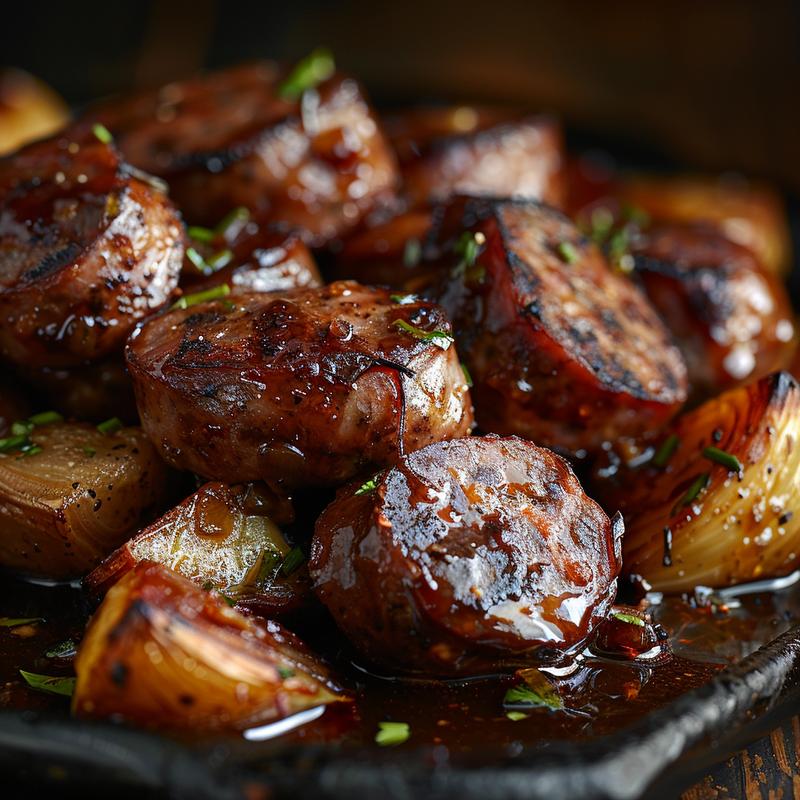 Close-up of sticky beef sausage tray bake on a rustic wooden table with dramatic lighting.