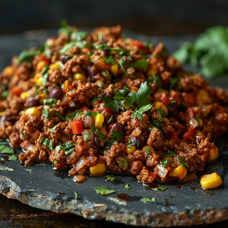 Close-up of a flavorful portion of Mexican ground beef served on a rustic slate plate.