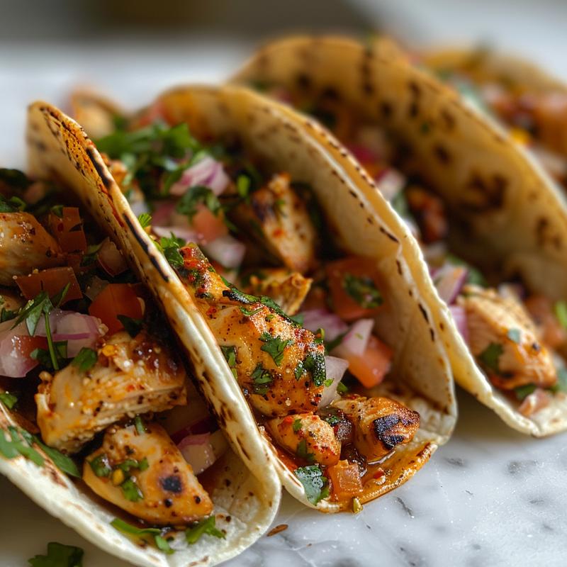 Close-up of high protein chicken tacos on a marble surface with vibrant toppings.