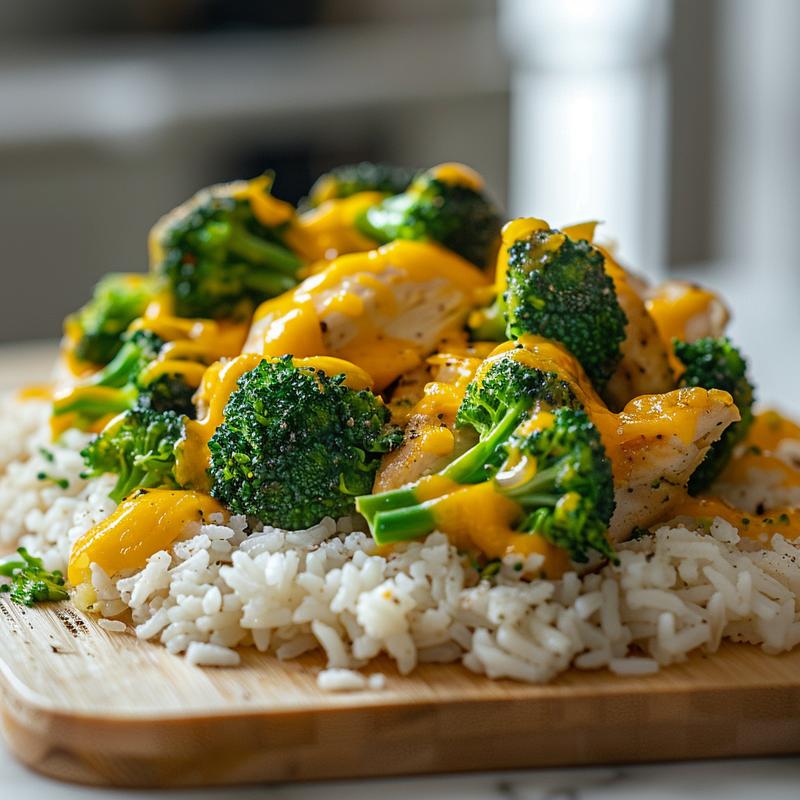 Close-up of cheddar broccoli chicken and rice on a wooden board, showcasing vibrant colors and textures.