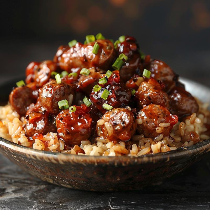 A close-up of a serving of chicken sausage rice with a sweet and tangy BBQ sauce on a dark stone countertop.