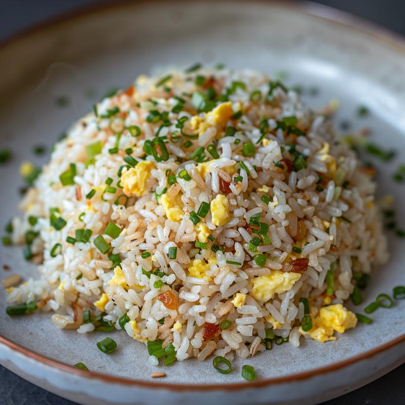 A portion of egg fried rice presented on a light grey ceramic plate, with a focus on the dish's textures.