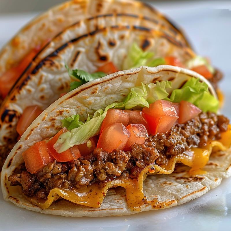 Close-up of a delicious Big Mac taco showcasing layers of beef, lettuce, cheese, and sauce on a white marble surface.