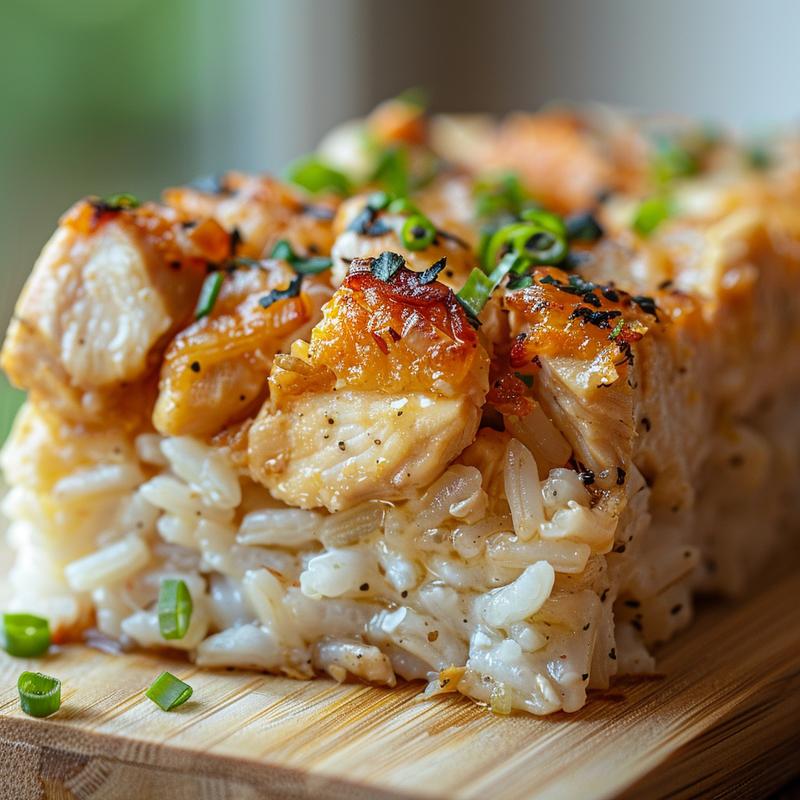 A close-up view of a creamy Ritz chicken and rice casserole on a wooden board.