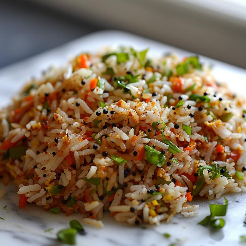 Close-up of a vibrant portion of Indian fried rice on a marble surface.