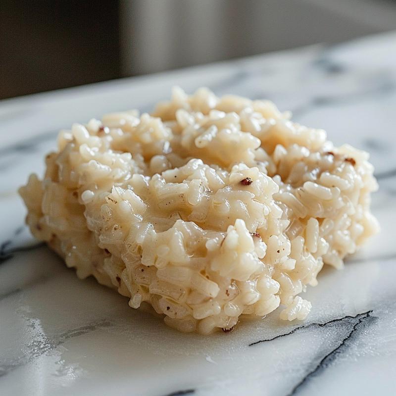 A close-up view of creamy rice pudding in a minimalist white bowl on a marble surface.