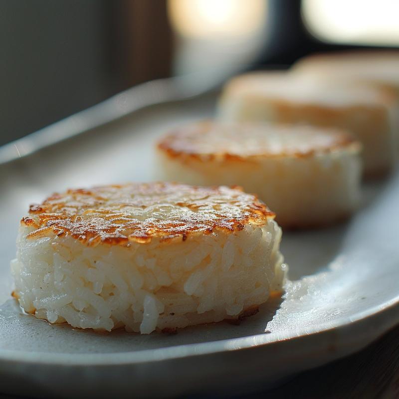 Close-up of a delicious rice patty on a light grey plate, showcasing its texture.