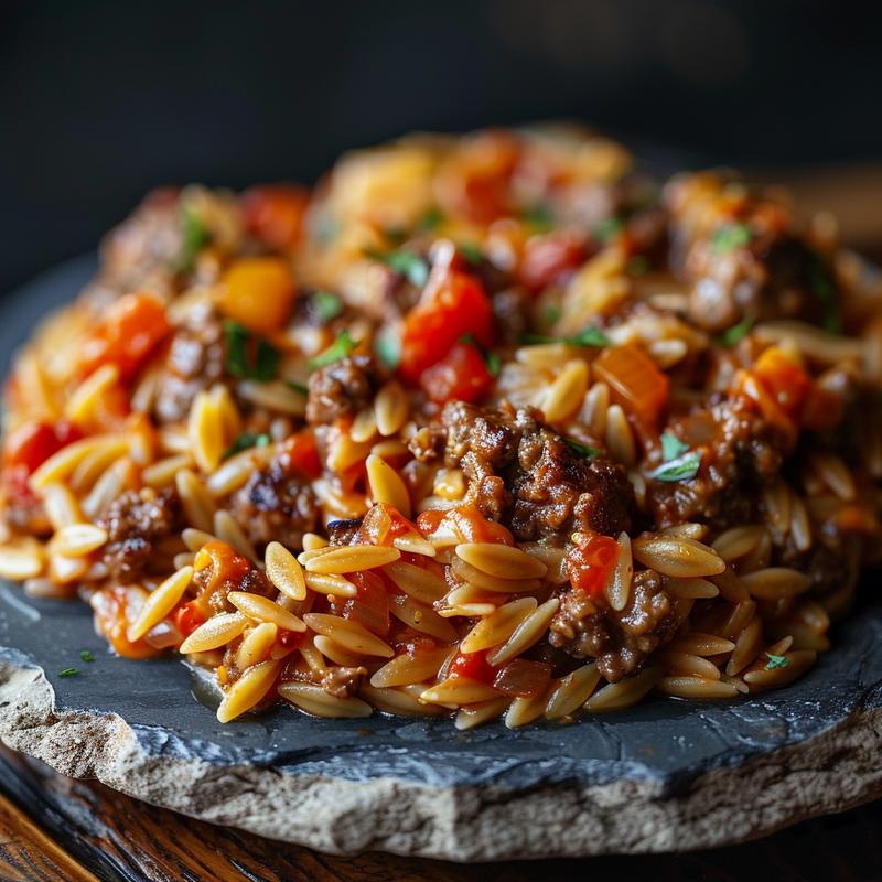 Close-up of a delicious one-pot cheeseburger orzo skillet served on a rustic slate plate.